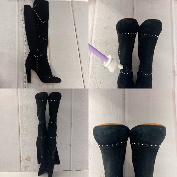 VINCE CAMUTO Carlene Black Embellished Leather Suede Over The Knee Boots 6 1/2M - Picture 14 of 17